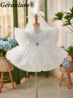 Geranium 3D Butterfly Appliqué Flower Girl Dress - Ruffled Wing Sleeves Tulle Tutu Birthday Party Gown with Matching Veil KD-372