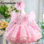 Geranium Pink Butterfly Lace Flower Girl Dress – Puffy Princess Tulle Birthday Party Dress for Girls KD-53