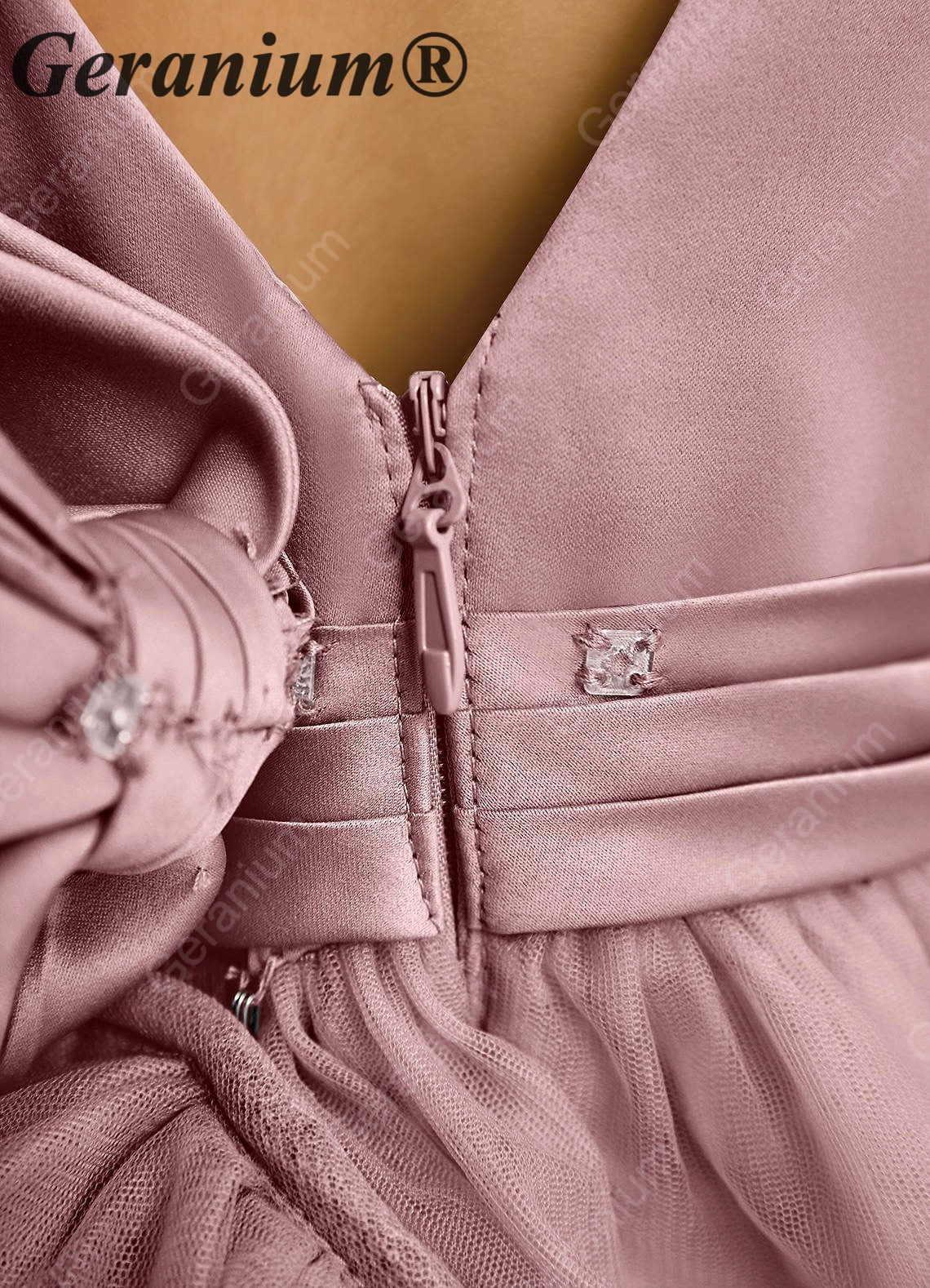 Geranium Dusty Rose Satin & Tulle Flower Girl Dress - Ruffled Tiered Train with Oversized Back Bow KD-190