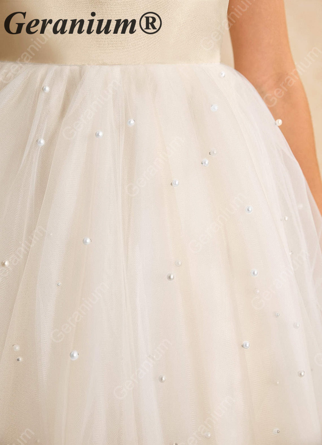 Geranium Elegant Pearl-Studded Tulle Flower Girl Dress with Oversized Back Bow - Champagne & Ivory KD-183