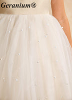 Geranium Elegant Pearl-Studded Tulle Flower Girl Dress with Oversized Back Bow - Champagne & Ivory KD-183