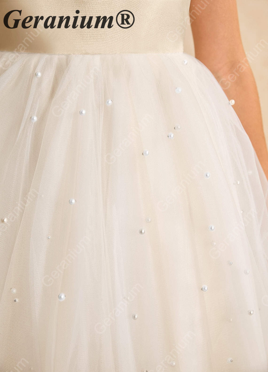 Geranium Elegant Pearl-Studded Tulle Flower Girl Dress with Oversized Back Bow - Champagne & Ivory KD-183