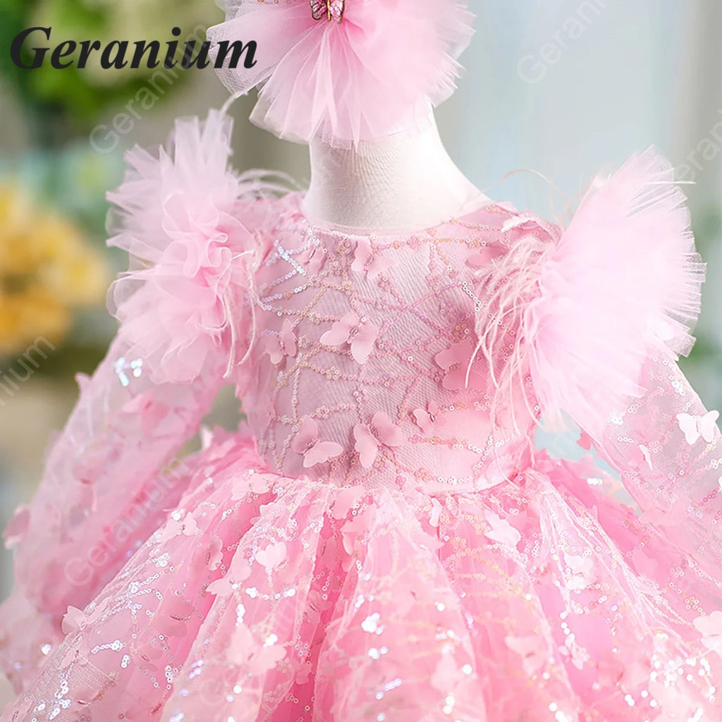 Geranium Pink Butterfly Lace Flower Girl Dress – Puffy Princess Tulle Birthday Party Dress for Girls KD-53