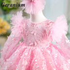 Geranium Pink Butterfly Lace Flower Girl Dress – Puffy Princess Tulle Birthday Party Dress for Girls KD-53