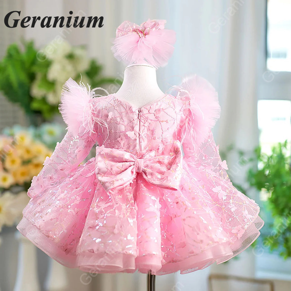 Geranium Pink Butterfly Lace Flower Girl Dress – Puffy Princess Tulle Birthday Party Dress for Girls KD-53