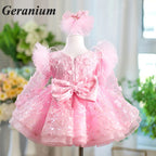 Geranium Pink Butterfly Lace Flower Girl Dress – Puffy Princess Tulle Birthday Party Dress for Girls KD-53