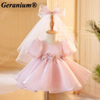 Geranium Toddler Girl Pink Puffy Organza Birthday Dress with Pearl Neckline & 3D Flower Appliques KD-366
