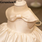 Geranium Elegant Satin Flower Girl Dress - Vintage Portrait Collar with Bow Gown - Ivory Toddler Party Dress KD-368
