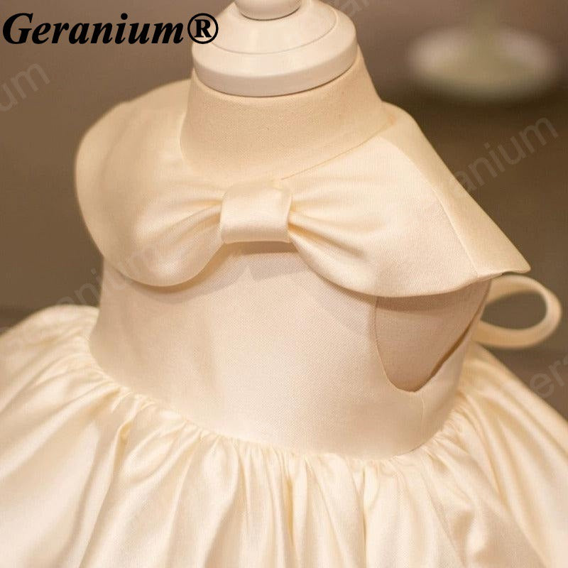 Geranium Elegant Satin Flower Girl Dress - Vintage Portrait Collar with Bow Gown - Ivory Toddler Party Dress KD-368