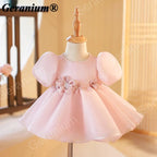 Geranium Toddler Girl Pink Puffy Organza Birthday Dress with Pearl Neckline & 3D Flower Appliques KD-366