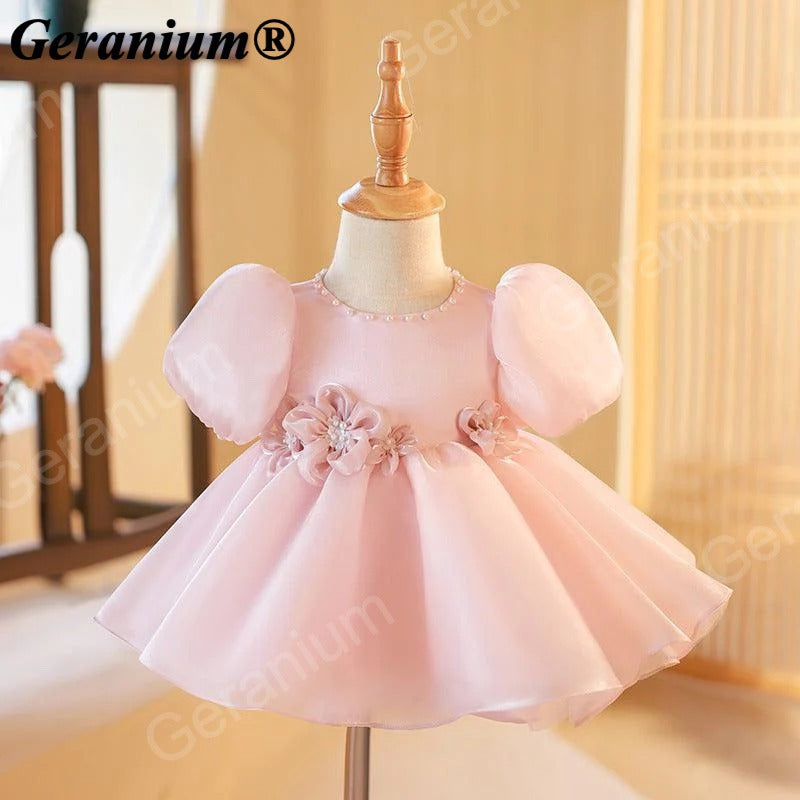 Geranium Toddler Girl Pink Puffy Organza Birthday Dress with Pearl Neckline & 3D Flower Appliques KD-366