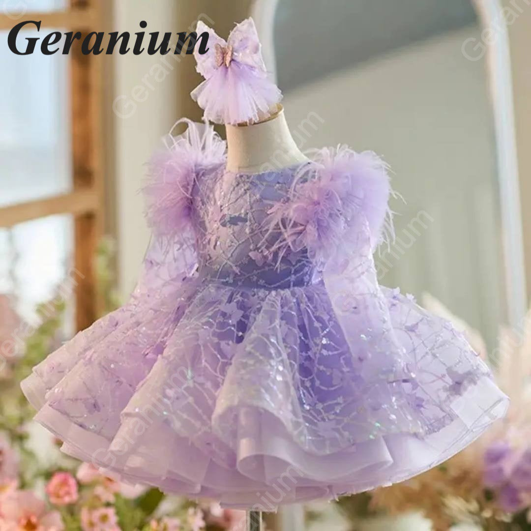 Geranium Pink Butterfly Lace Flower Girl Dress – Puffy Princess Tulle Birthday Party Dress for Girls KD-53