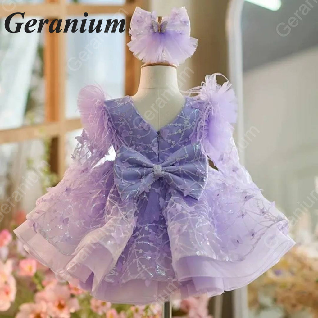 Geranium Pink Butterfly Lace Flower Girl Dress – Puffy Princess Tulle Birthday Party Dress for Girls KD-53