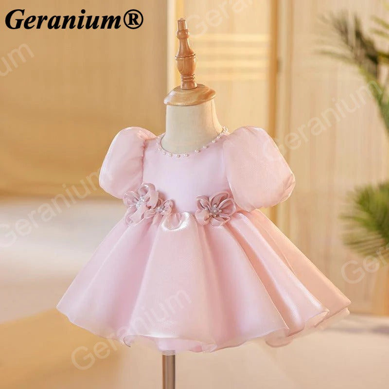 Geranium Toddler Girl Pink Puffy Organza Birthday Dress with Pearl Neckline & 3D Flower Appliques KD-366