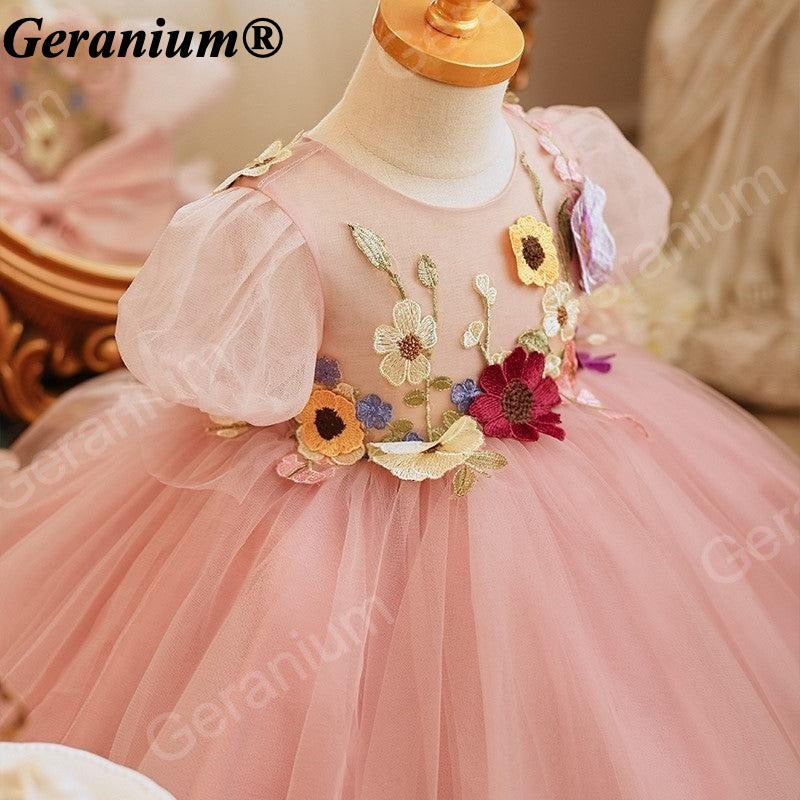 Geranium Whimsical 3D Floral Appliqué Tulle Flower Girl Dress with Oversized Back Bow - Enchanted Garden Party Gown KD-365