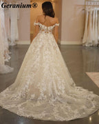Geranium Off-the-Shoulder Lace Ball Gown Wedding Dress with Cathedral Train – GER22