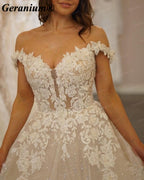 Geranium Off-the-Shoulder Lace Ball Gown Wedding Dress with Cathedral Train – GER22