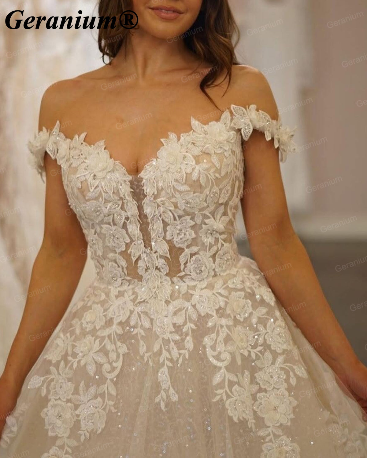 Geranium Off-the-Shoulder Lace Ball Gown Wedding Dress with Cathedral Train – GER22