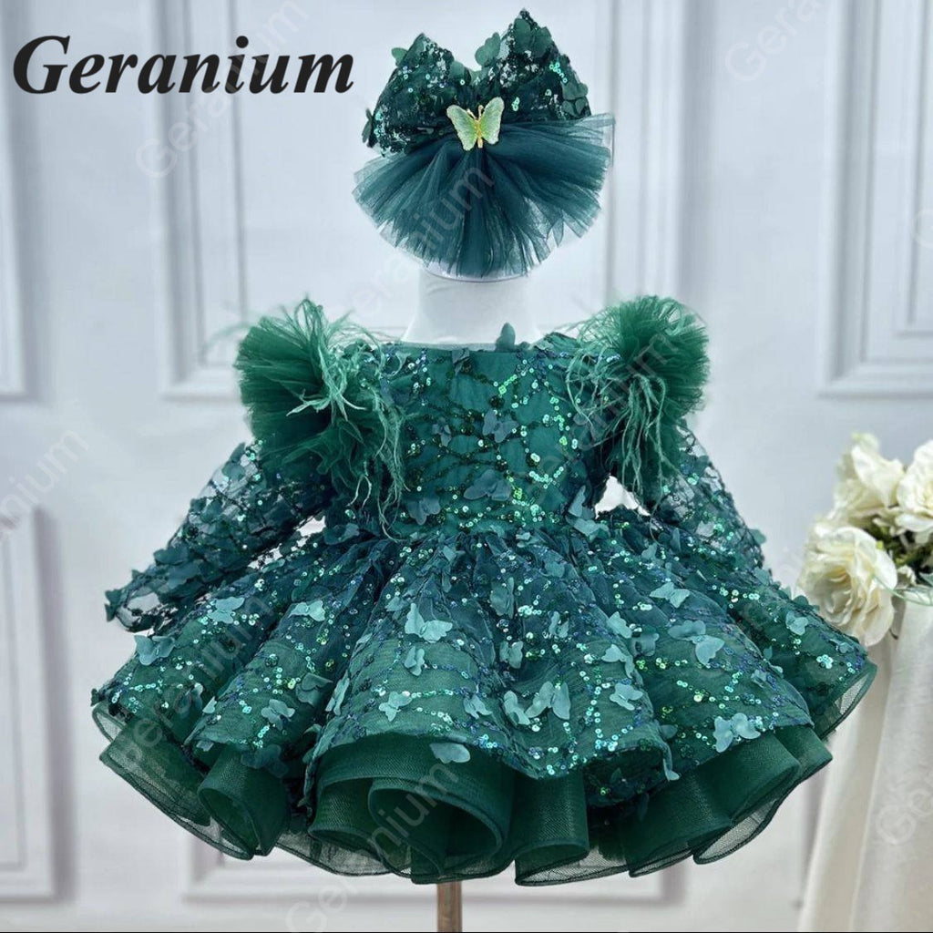 Geranium Pink Butterfly Lace Flower Girl Dress – Puffy Princess Tulle Birthday Party Dress for Girls KD-53