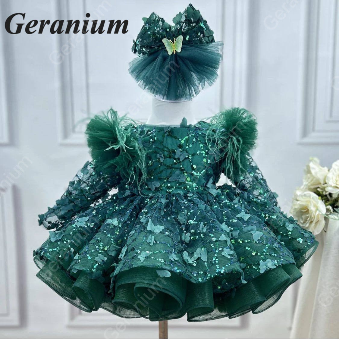 Geranium Pink Butterfly Lace Flower Girl Dress – Puffy Princess Tulle Birthday Party Dress for Girls KD-53