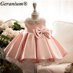 Geranium Pearl Peter Pan Collar Satin Flower Girl Dress - Elegant Toddler Princess Gown with Statement Bow KD-370