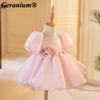 Geranium Toddler Girl Pink Puffy Organza Birthday Dress with Pearl Neckline & 3D Flower Appliques KD-366