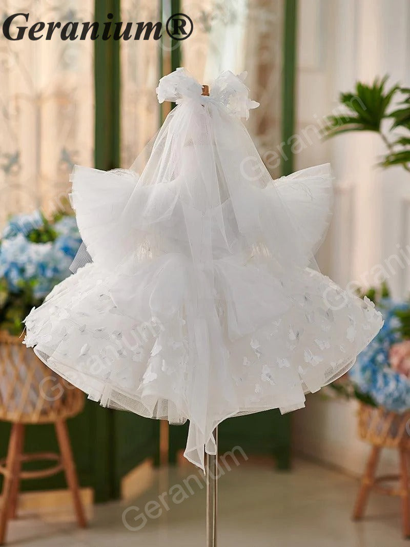 Geranium 3D Butterfly Appliqué Flower Girl Dress - Ruffled Wing Sleeves Tulle Tutu Birthday Party Gown with Matching Veil KD-372