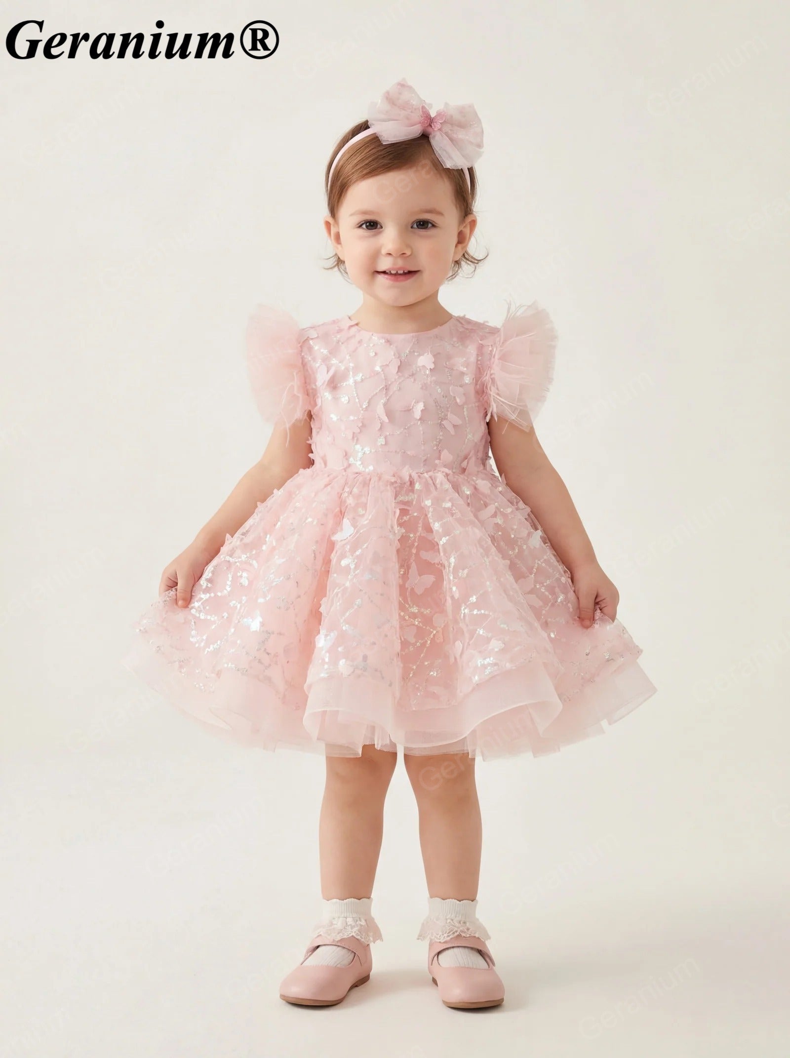 Geranium Sparkling Butterfly Sequined Toddler Formal Dress - Ethereal Feather Sleeve Birthday Gown with Oversized Back Bow KD-362 Main image