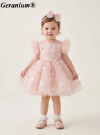 Geranium Sparkling Butterfly Sequined Toddler Formal Dress - Ethereal Feather Sleeve Birthday Gown with Oversized Back Bow KD-362