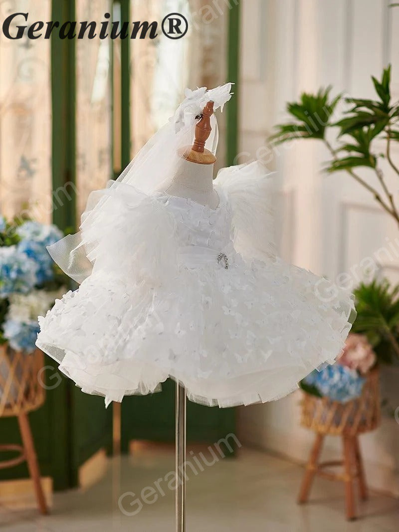 Geranium 3D Butterfly Appliqué Flower Girl Dress - Ruffled Wing Sleeves Tulle Tutu Birthday Party Gown with Matching Veil KD-372