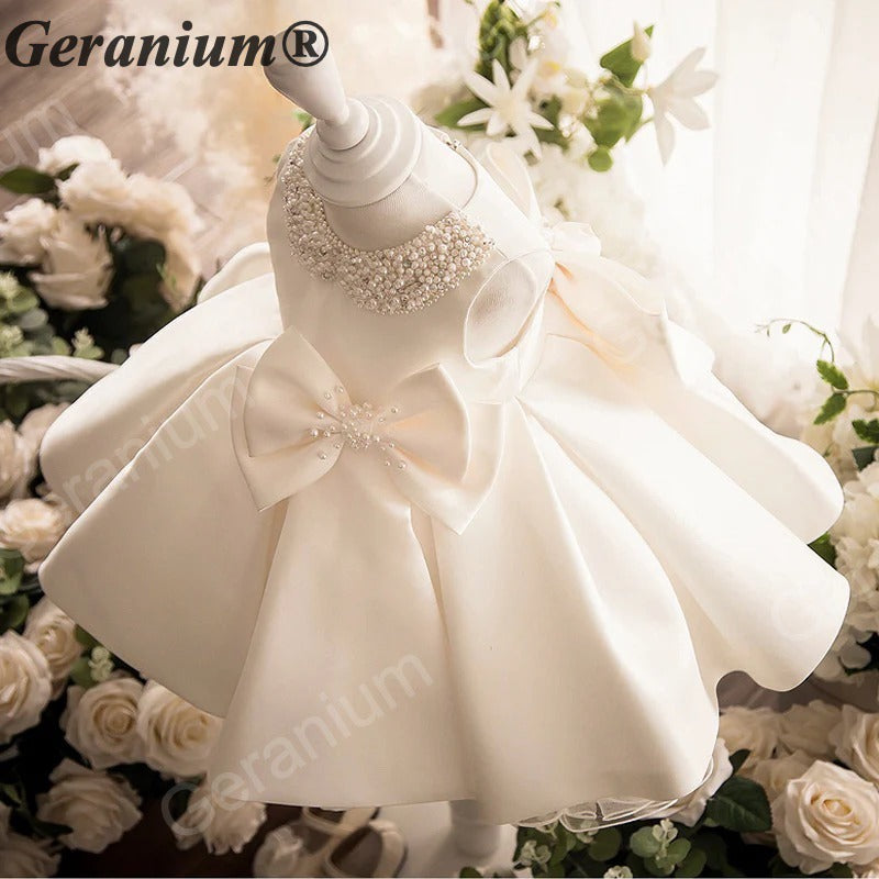 Geranium Pearl Peter Pan Collar Satin Flower Girl Dress - Elegant Toddler Princess Gown with Statement Bow KD-370