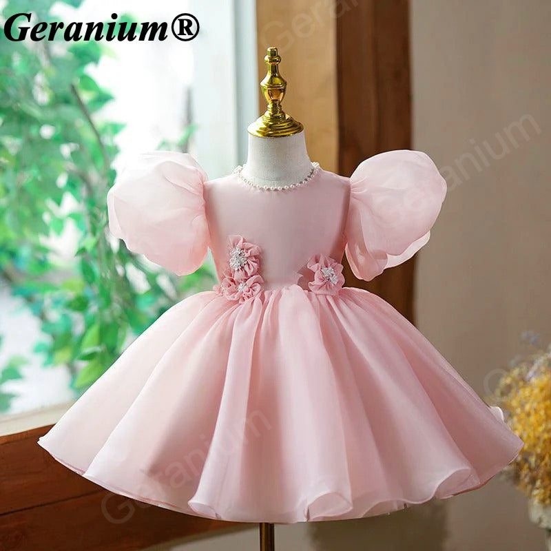 Geranium Elegant Blush Pink Puff Sleeve Baby Girl Dress - 3D Floral Appliques & Large Back Bow - Perfect for 1st Birthday, Weddings & Parties KD-364
