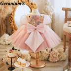 Geranium Whimsical 3D Floral Appliqué Tulle Flower Girl Dress with Oversized Back Bow - Enchanted Garden Party Gown KD-365