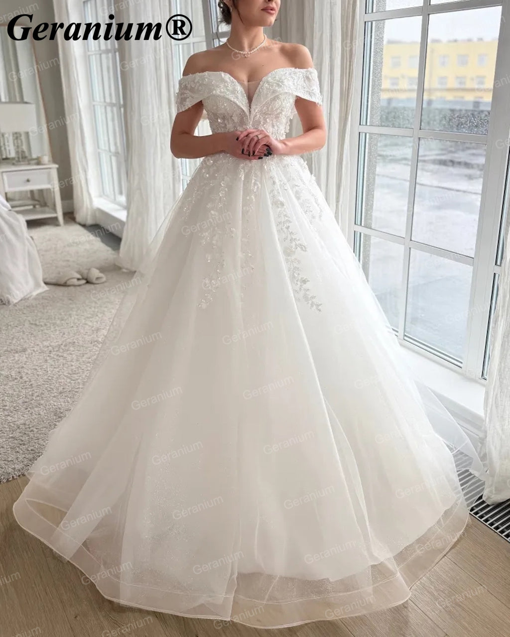 Geranium Off-the-Shoulder Lace Ball Gown Wedding Dress with Corset Back – GER116