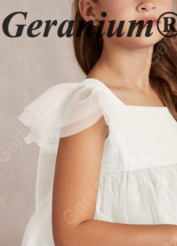 Geranium Girl's Tulle Princess Dress with Back Bow - Flutter Sleeve Flower Girl Gown for Weddings and Parties KD-242