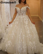 Geranium Off-the-Shoulder Lace Ball Gown Wedding Dress with Cathedral Train – GER22