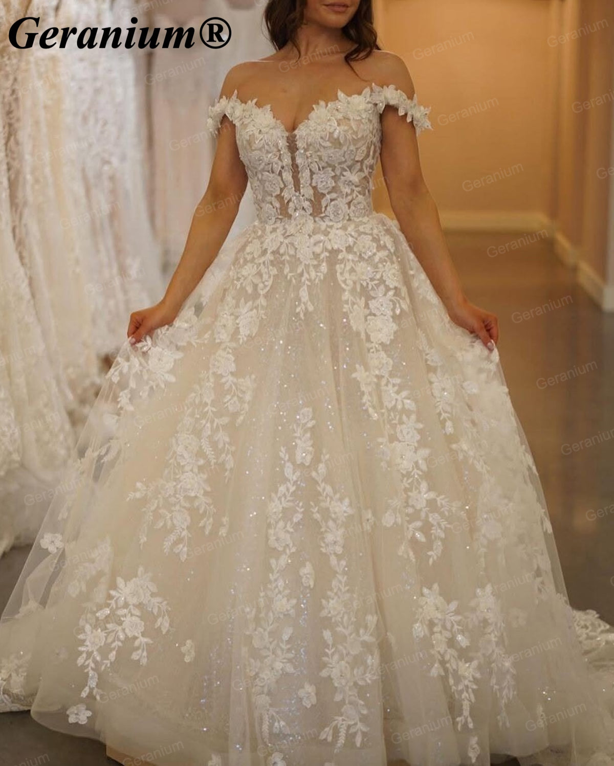 Geranium Off-the-Shoulder Lace Ball Gown Wedding Dress with Cathedral Train – GER22