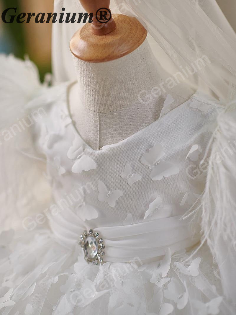 Geranium 3D Butterfly Appliqué Flower Girl Dress - Ruffled Wing Sleeves Tulle Tutu Birthday Party Gown with Matching Veil KD-372