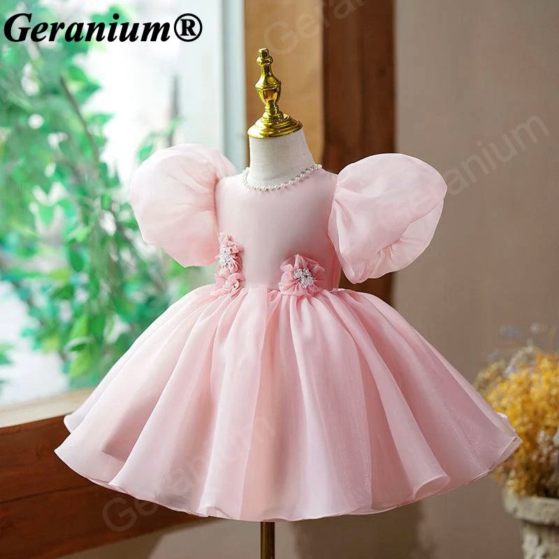 Geranium Elegant Blush Pink Puff Sleeve Baby Girl Dress - 3D Floral Appliques & Large Back Bow - Perfect for 1st Birthday, Weddings & Parties KD-364