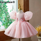 Geranium Elegant Blush Pink Puff Sleeve Baby Girl Dress - 3D Floral Appliques & Large Back Bow - Perfect for 1st Birthday, Weddings & Parties KD-364