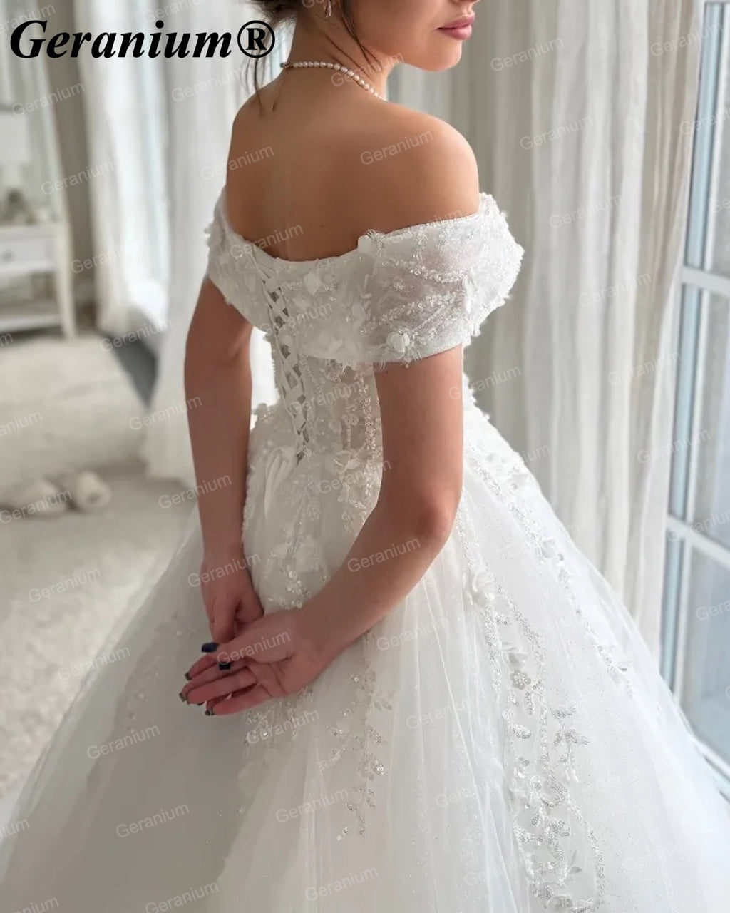 Geranium Off-the-Shoulder Lace Ball Gown Wedding Dress with Corset Back – GER116