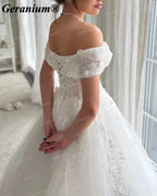 Geranium Off-the-Shoulder Lace Ball Gown Wedding Dress with Corset Back – GER116