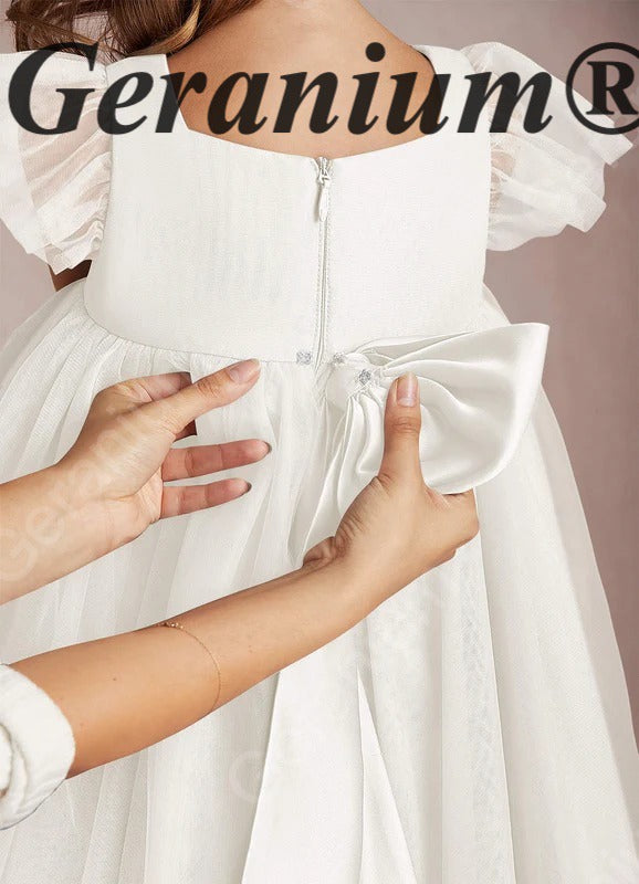Geranium Girl's Tulle Princess Dress with Back Bow - Flutter Sleeve Flower Girl Gown for Weddings and Parties KD-242