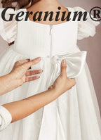 Geranium Girl's Tulle Princess Dress with Back Bow - Flutter Sleeve Flower Girl Gown for Weddings and Parties KD-242