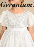 Geranium Elegant Lace Flower Girl Dress with Flutter Sleeves & Satin Bow - Knee Length Tulle Princess Gown KD-247