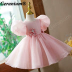 Geranium Elegant Blush Pink Puff Sleeve Baby Girl Dress - 3D Floral Appliques & Large Back Bow - Perfect for 1st Birthday, Weddings & Parties KD-364