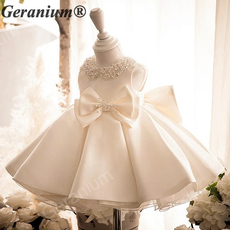 Geranium Pearl Peter Pan Collar Satin Flower Girl Dress - Elegant Toddler Princess Gown with Statement Bow KD-370