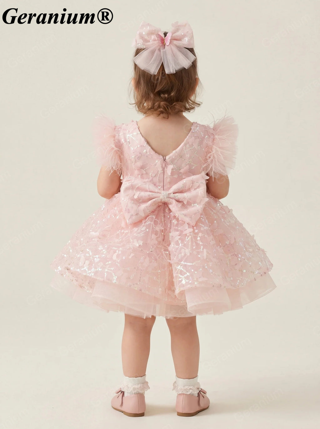 Geranium Sparkling Butterfly Sequined Toddler Formal Dress - Ethereal Feather Sleeve Birthday Gown with Oversized Back Bow KD-362
