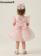Geranium Sparkling Butterfly Sequined Toddler Formal Dress - Ethereal Feather Sleeve Birthday Gown with Oversized Back Bow KD-362