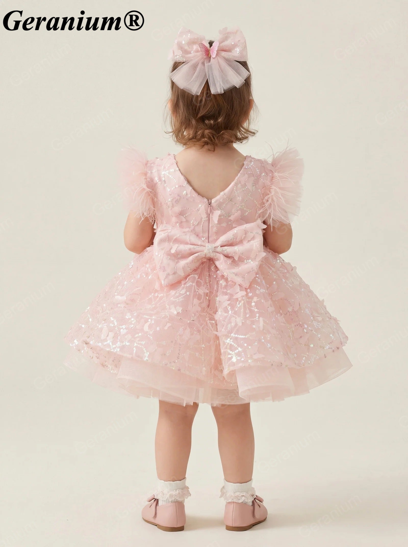 Geranium Sparkling Butterfly Sequined Toddler Formal Dress - Ethereal Feather Sleeve Birthday Gown with Oversized Back Bow KD-362